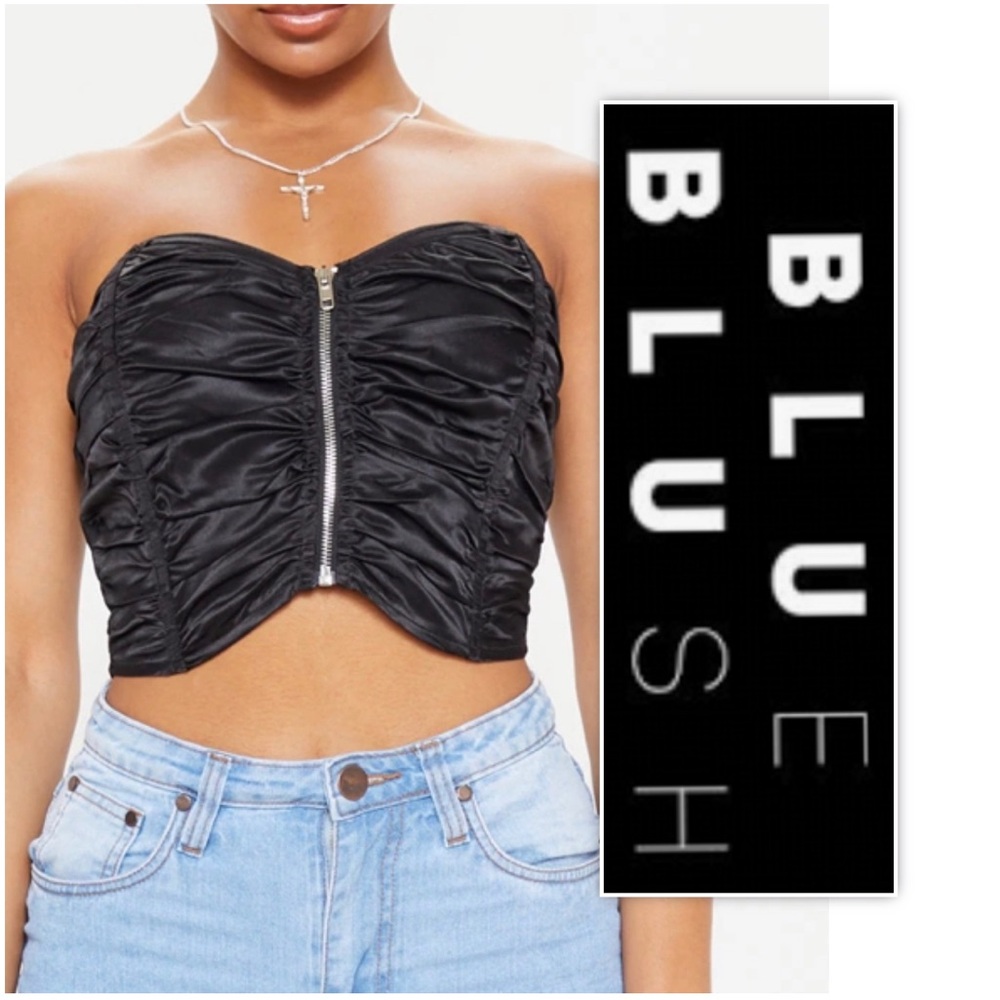 Blue Blush Black Satin Ruched Zip Up Bandeau Top